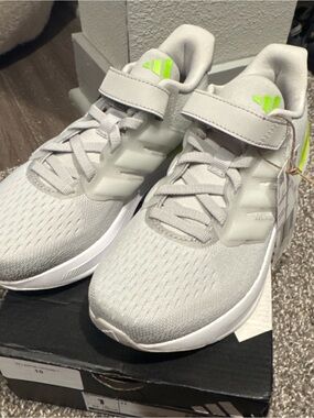 adidas Kids Light Gray Sneakers with Neon Green Accents